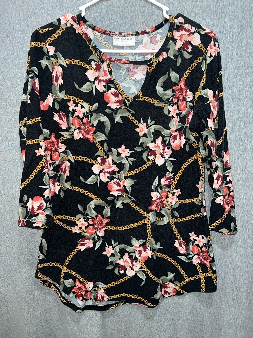 Bobbie Brooks Black Floral & Gold Chain V-Neck Blouse